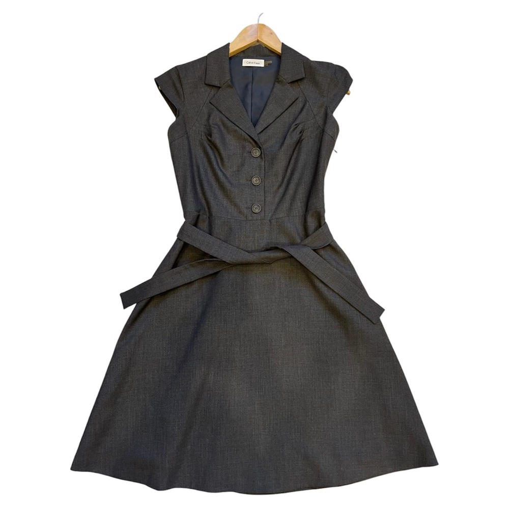 CALVIN KLEIN dress grey gray a-line tie waist cap sleeve side zip collared 4P